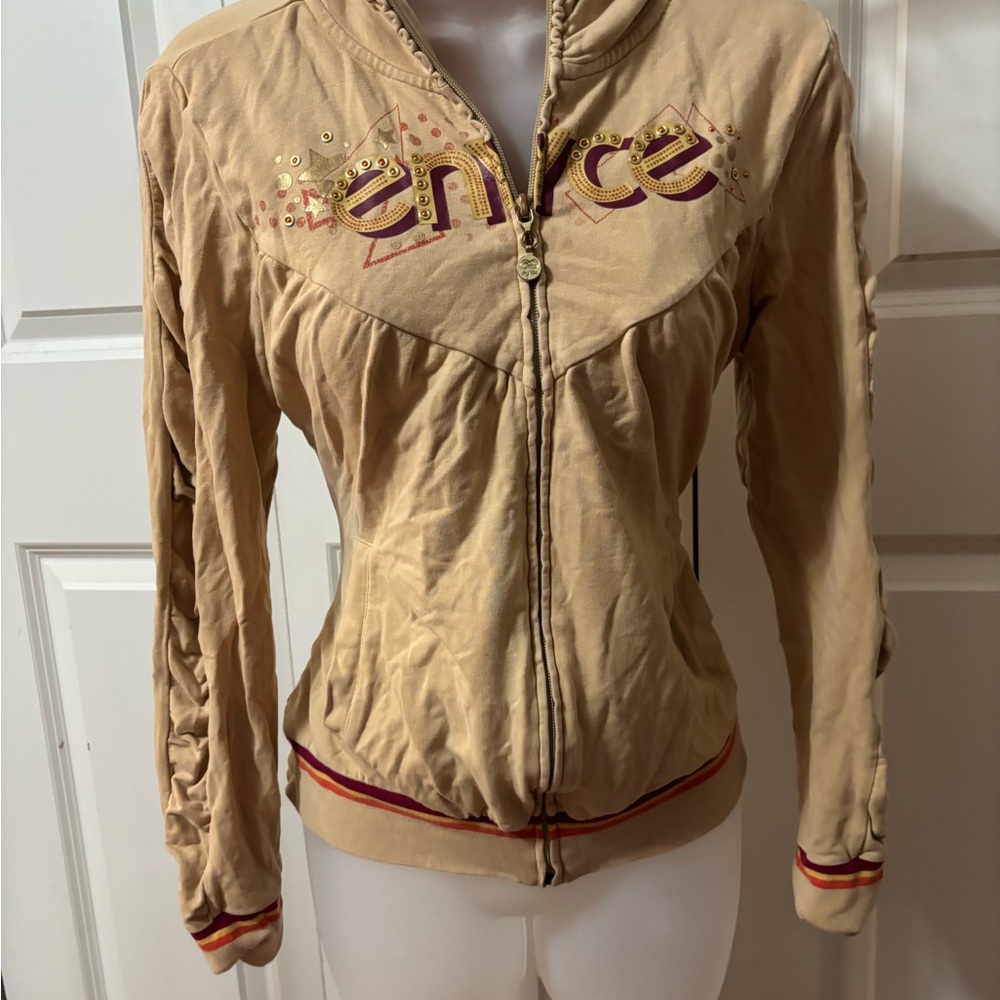Enyce Tan Bomber Jacket with Ribbed Cuffs and Embroidered Logo
